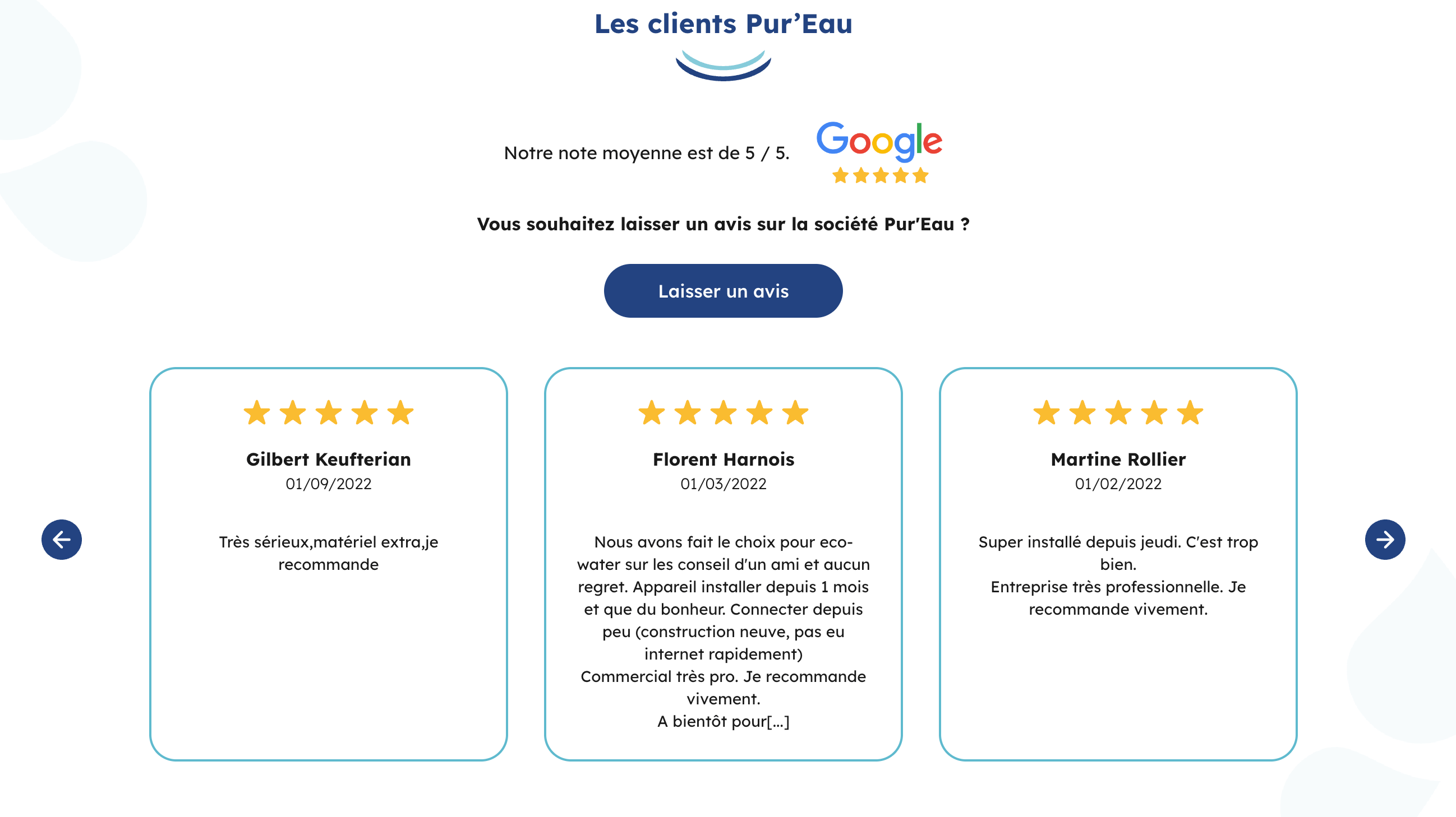 Module d'avis Google : un titre avec trois blocs contenant des avis client.